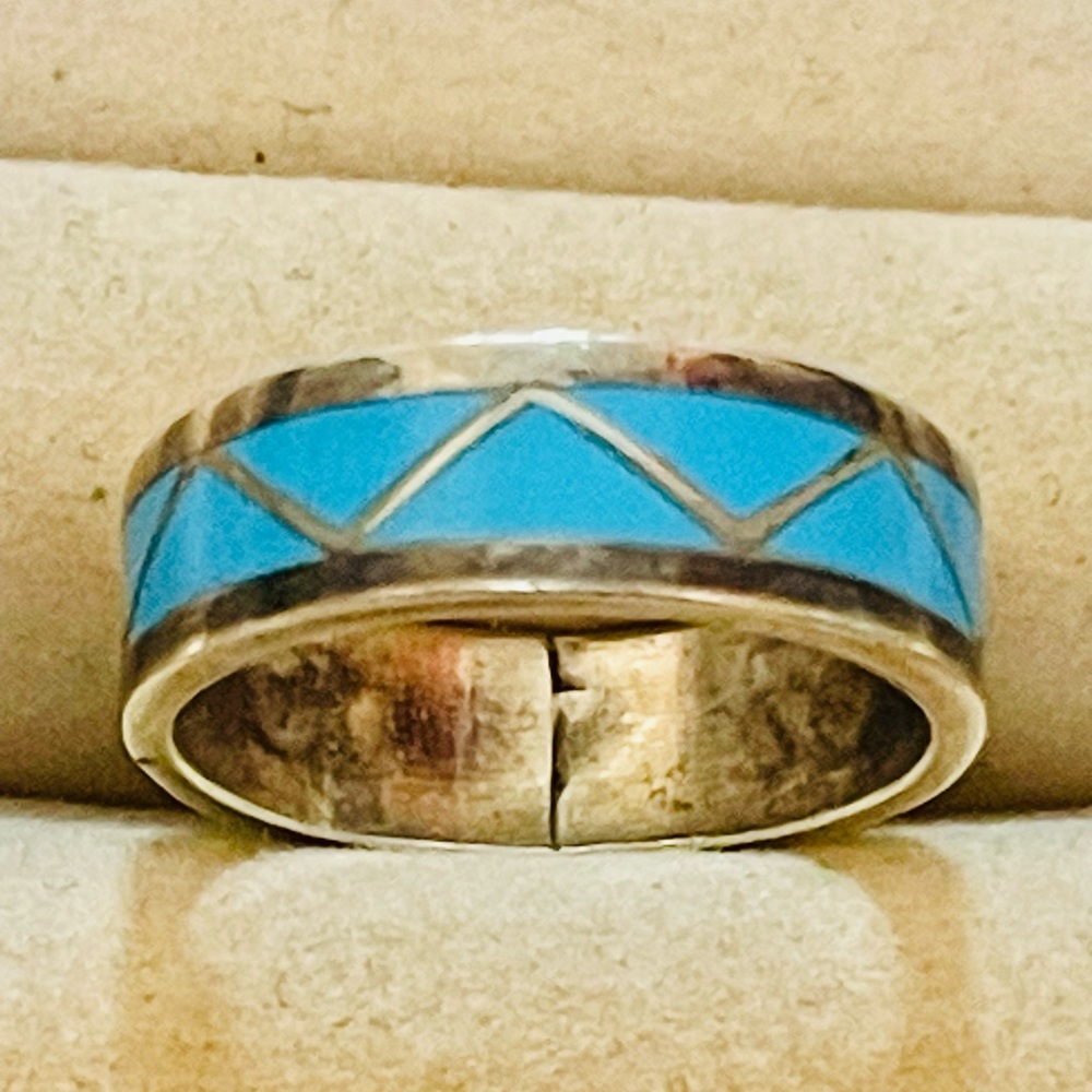 Zuni Hand Crafted Band Sterling Silver Turquoise Inlay Band Ring Size 6.5